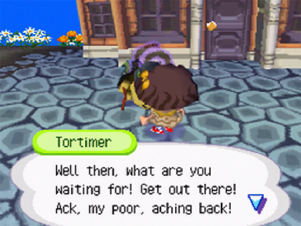 Tortimer mentions his aching back at the Fishing Tourney